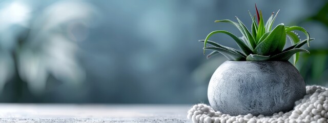 Poster -  A small potted plant atop a white blanket on a wooden table, beside another potted plant