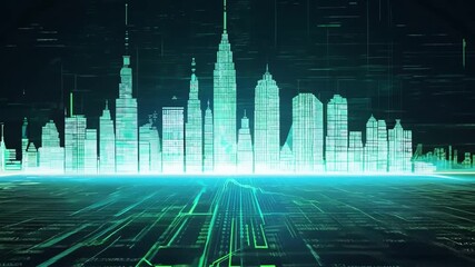 Leinwandbilder - A green-glowing digital cityscape with towering skyscrapers and a foreground of circuit board-like patterns.