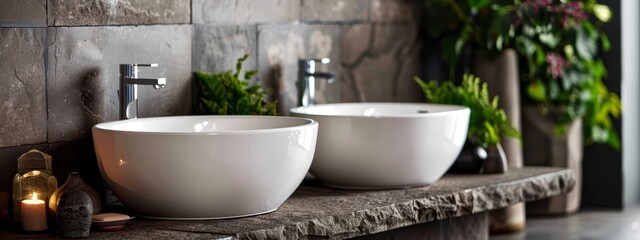 Poster -  Two white bowls atop a counter, neighboring a candle and a verdant potted plant