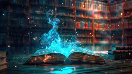 Poster - A mystical blue smoke emanating from an open book in a library setting