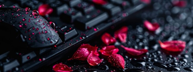 Canvas Print -  A macro shot of a keyboard drenched in rose petals and adorned with water droplets