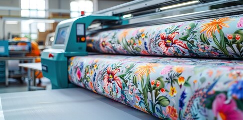 Poster - A large industrial printing machine prints a colorful floral pattern onto a continuous roll of fabric