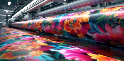 Aufkleber - A Close Up View of a Roll of Vibrant Floral Fabric Being Printed by a Large Industrial Machine