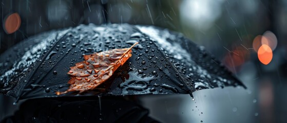 Canvas Print -  A person tightly grips a black umbrella in the rain, its canopy adorned with vibrant orange and black leaves