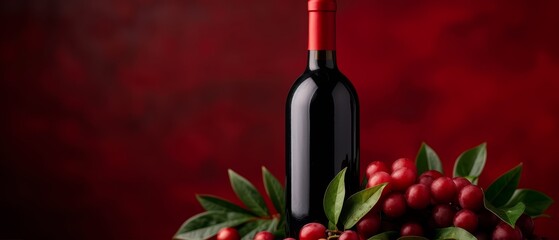 Poster -  A bottle of wine atop a table, near cranberries and green leaves