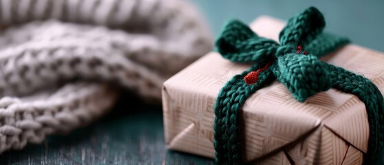 Sticker -  A present, neatly wrapped, sits atop a table Nearby, a white knitted object is adorned with a green ribbon