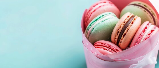 Canvas Print -  A pink container, brimming with colorful macaroons, sits atop a blue table Nearby, a steaming cup of coffee awaits