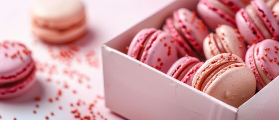 Poster -  A box of pink and white macaroons, some with sprinkles, next to a single macaroon with sprinkles