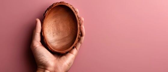 Poster -  Person's hand holds a wooden bowl shaped as a shell against a pink background Ample space for text or additional elements is available