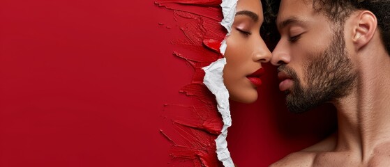 Canvas Print -  A man and a woman gaze into each other's eyes through a hole in a scarlet wall, its torn paper adding texture to the scene