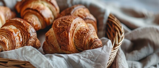 Poster -  A basket with croissants atop white paper, accompanied by another basket of croissants nearby