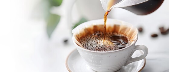 Poster -  A cup of coffee being poured into a white cup, sitting on a saucer