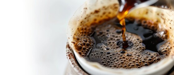 Wall Mural -  A tight shot of a coffee cup, syrup streamed in, pouring; sauce carefully added