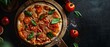 © Jevjenijs - A pizza atop a wooden cutting board, tomatoes and basil beside it on separate boards