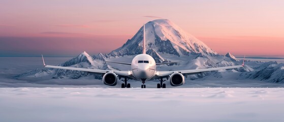 Canvas Print -  A large jetliner rests on an airport tarmac beside a snow-covered mountain, its peak blanketed with snow