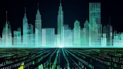 Sticker - A futuristic cityscape with skyscrapers made of glowing green lines. The cityscape is composed of binary code, indicating a digital world.