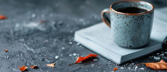 Sticker -  A cup of coffee rests atop a book Nearby, scissors are arranged in pairs