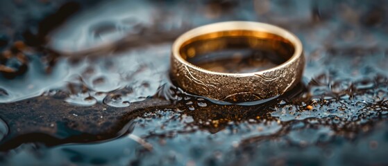 Wall Mural -  A tight shot of a wedding ring submerged in a puddle, surrounded by drops of water cascading onto the ground behind it