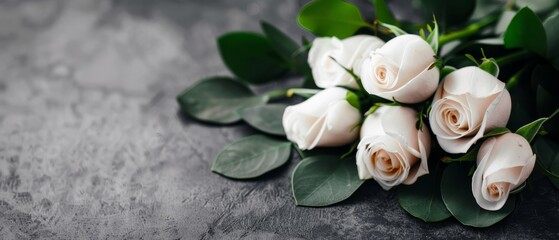 Canvas Print -  White roses with green leaves on a gray tablecloth Space for text at top