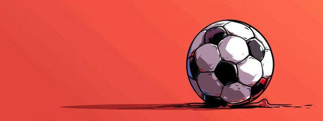 a soccer ball tilted on a red backdrop, with a droplet of blood seeping from its base