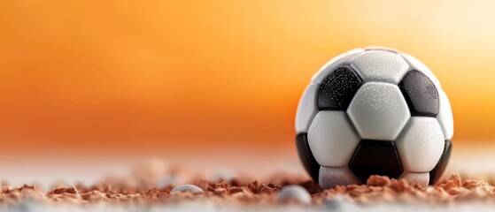 Poster -  A black-and-white soccer ball atop dirt, against a backdrop of a vibrant orange sky