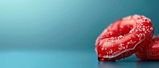 Poster -  Two red donuts, each topped with white sprinkles, sit against a backdrop of a blue and lighter blue gradient The background subtly blurs