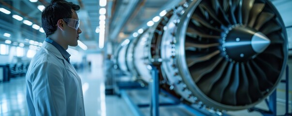 Poster - Engineer examining jet engine in high-tech aerospace manufacturing facility