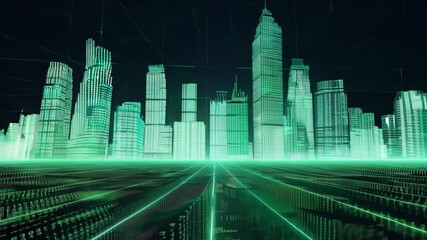 Leinwandbilder - A digital representation of a futuristic city skyline with glowing green lines, highlighting the buildings and streets in a dark, neon-lit environment.