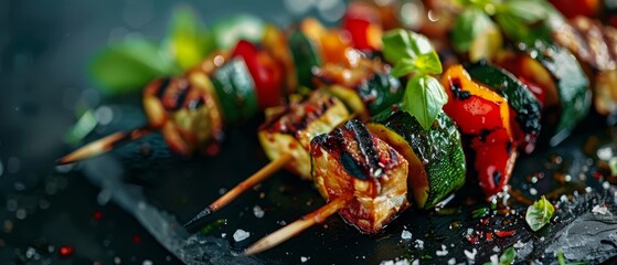 Poster -  A tight shot of a full plate, showcasing skewered meat and vegetables