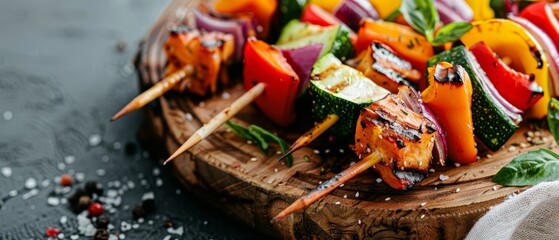 Sticker -  A tight shot of a skewer laden with vegetables on a weathered wood board A cloth lies adjacent