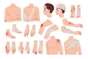 Applying bandages to wounds. Fixation and isolation of bruises. Bone fractures. Affected body parts. Physical injury. Emergency help. Hospital treatment. Plaster at knee. Recent vector set