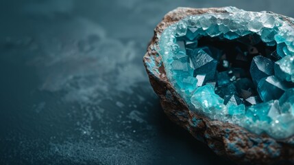 Wall Mural -  A tight shot of a rock containing a large blue glass piece in its heart against a black background