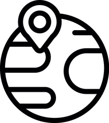 Poster - Simple black and white line art icon of planet earth with a location pin indicating a global destination