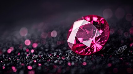 Canvas Print -  A tight shot of a pink diamond against a black surface, surrounded by pink lights in the background