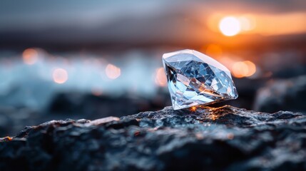 Wall Mural -  A diamond atop a rock, sun rays piercing through clouds behind