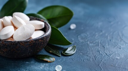 Poster -  A wooden bowl holds white marshmallows atop a blue surface Nearby, a green leaf lies