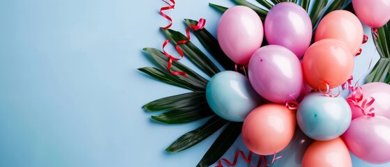 Poster - balloons arranged, green leaves beside, red ribbon nearby