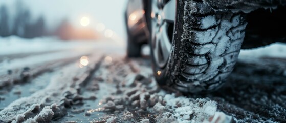  A car tire, engulfed in snow, sits next to the roadside A distant, blurry street light casts a feeble glow in the background