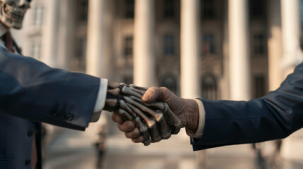 A zombie politician shaking hands with a human politician, both smiling, in front of a government building, press capturing the moment 