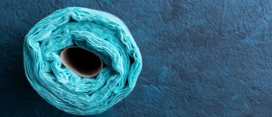 Wall Mural -  A blue yarn spool rests atop a blue surface, its center housing a black hole