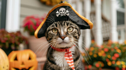 Wall Mural - Cat dressed as a pirate, with a tiny hat and eyepatch, sitting on a porch with Halloween decorations and pumpkins 