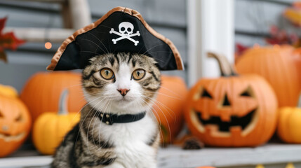 Canvas Print - Cat dressed as a pirate, with a tiny hat and eyepatch, sitting on a porch with Halloween decorations and pumpkins 