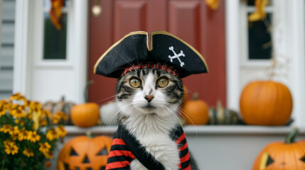 Wall Mural - Cat dressed as a pirate, with a tiny hat and eyepatch, sitting on a porch with Halloween decorations and pumpkins 