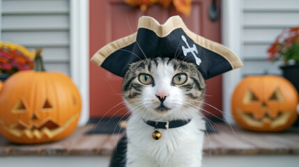 Poster - Cat dressed as a pirate, with a tiny hat and eyepatch, sitting on a porch with Halloween decorations and pumpkins 