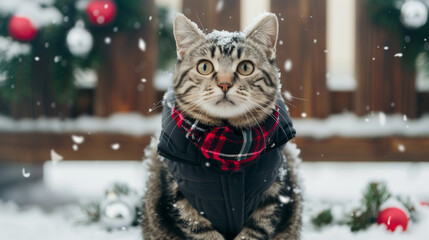 Sticker - Cat in a chic winter jacket, sitting on a wooden porch with snow and holiday decorations around 