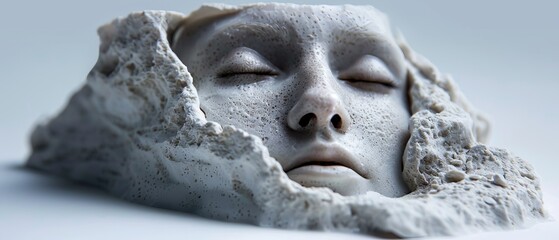 Wall Mural -  A tight shot of a woman's closed-eye face on a statue, head supported by a rock