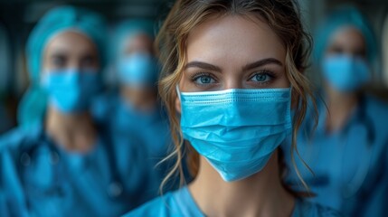 Closeup Portrait of a Female Nurse Wearing a Blue Surgical Mask