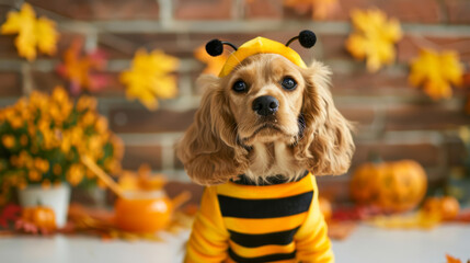 Wall Mural - Cute dog in a bumblebee costume, standing next to a pot of honey, surrounded by Halloween decorations and autumn leaves 