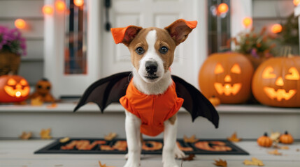 Poster - Cute dog wearing a bat costume, with wings spread, standing on a porch decorated with spooky Halloween lights and jack-o'-lanterns 