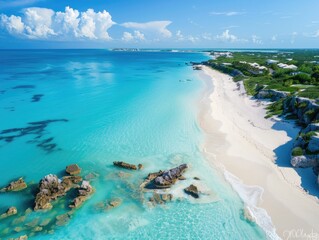 Poster - Sandy beach and turquoise water from above